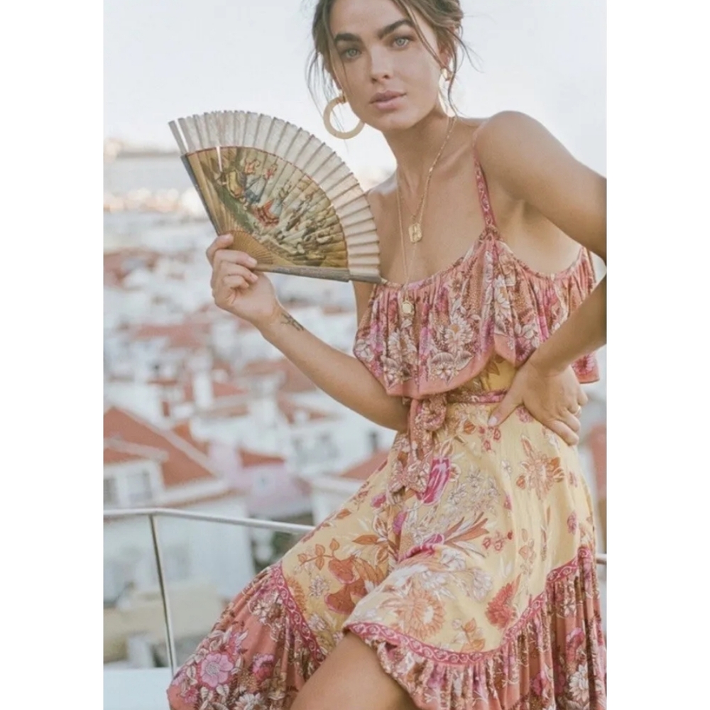 SPELL & THE GYPSY Siren Song Dress Strappy Marigold Yellow Pink Flamingo Small